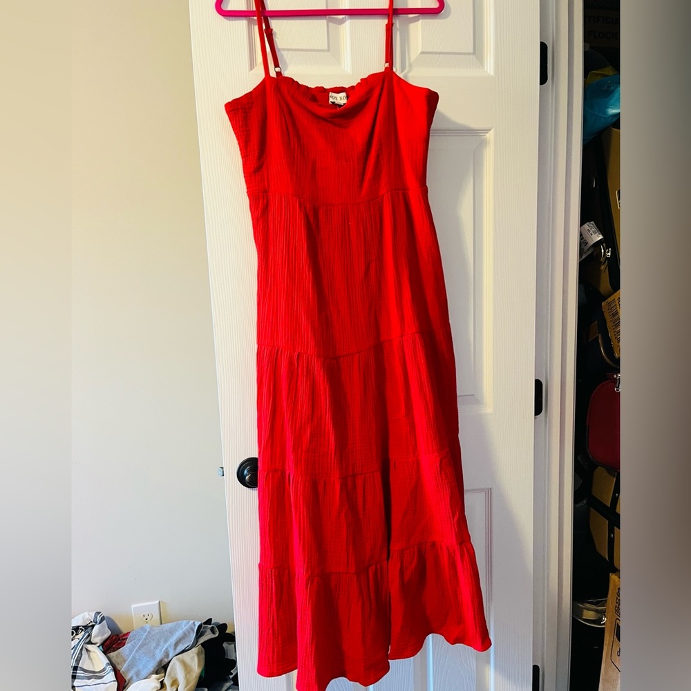 Red maxi dress.